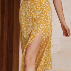 Falda midi de muslo con abertura floral - Amarillo