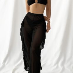 Set bikini unicolor Top sujetador sin aro halter con tira cruzada & Bottom bikini corte alto & pantalones cover up de malla Traje de baño de 3 piezas - Negro
