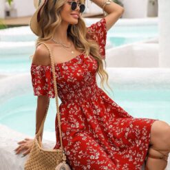 Vestido de cntura con fruncido de hombros descubiertos - Rojo