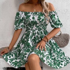 Vestido con estampado floral de hombros descubiertos de manga farol - Verde