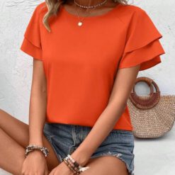 Camisa casual de manga de loto con cuello redondo simple para el verano - Naranja
