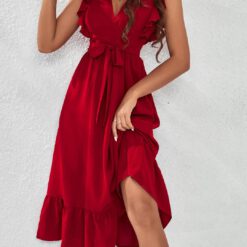 Vestido bajo con fruncido con cordón delantero - Rojo