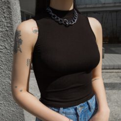 Top De Punto Acanalado Sin Mangas Y Cuello Alto - Negro