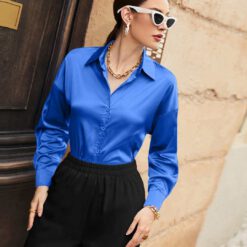 Camisa unicolor de hombros caídos con botón delantero - Azul