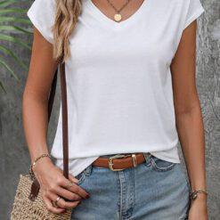 Camiseta unicolor de manga murciélago de cuello V - Blanco