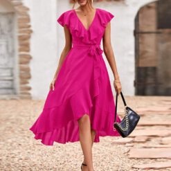 Vestido cruzado unicolor ribete con fruncido con cinturón - Rosa Fucsia