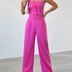 Conjunto De Pantalones Y Top Con Botones Sin Tirantes Para Mujer - Rosa Fucsia
