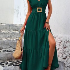 Vestido elegante con mangas cap y cuello en V - Verde Oscuro