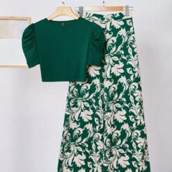 Conjunto de dos piezas camiseta de manga corta con manga de globo y pantalones - Multicolor