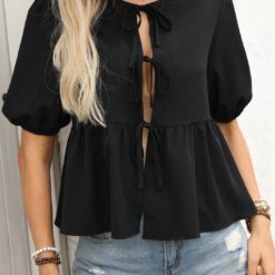 Camisa casual con manga abullonada, solapa con pliegues - Negro