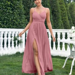 Vestido elegante con tirantes y abertura - Rosa vieja