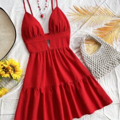 Vestido rojo suelto con escote en V y espalda descubierta - Rojo