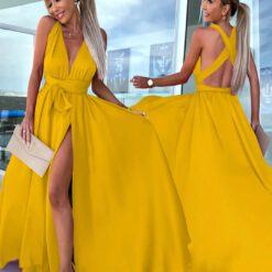Vestido maxi con abertura  - Amarillo