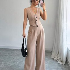 Conjunto de traje informal con top blazer sin mangas de botones - Caqui