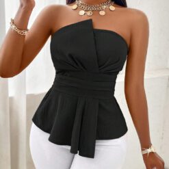 Blusa tubo asimétrica con hombros descubiertos y pliegues - Negro