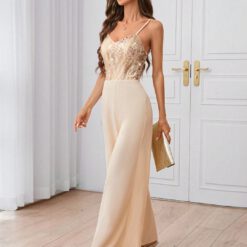 Mono elegante de pierna ancha con parches de lentejuelas - Champán
