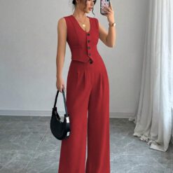 Conjunto de 2 piezas de chaleco sin mangas y pantalón ancho liso - Rojo