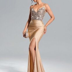 Vestido largo con falda de lentejuelas con patchwork, cintura alta - Champán