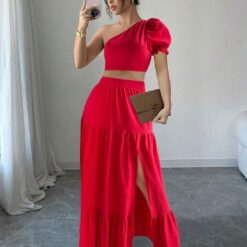 Conjunto top de un hombro de manga y falda con abertura - Rojo