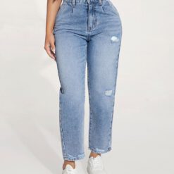 Jeans de pierna recta de talle alto desgarro - Lavado ligero