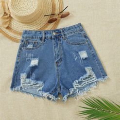 Shorts mezclilla desgarro - Azul lavado medio