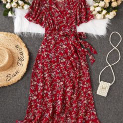 Vestido casual cuello en V - Rojo