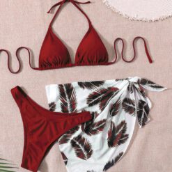 Conjunto de bikini con estampado de hojas de 3 piezas - Burdeos