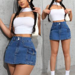 Shorts de mezclilla con cinturón de botón Azul lavado medio