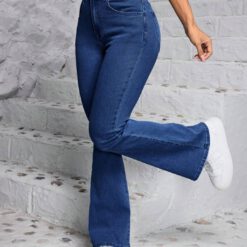 Jeans de mezclilla casuales campana para mujer - Azul lavado oscuro