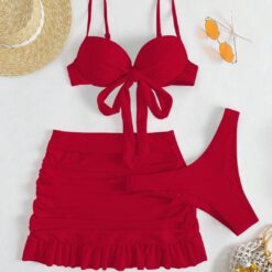 Conjunto de 3 piezas con bikini de unicolor - Rojo