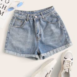 Shorts mezclilla con doblez  - Azul